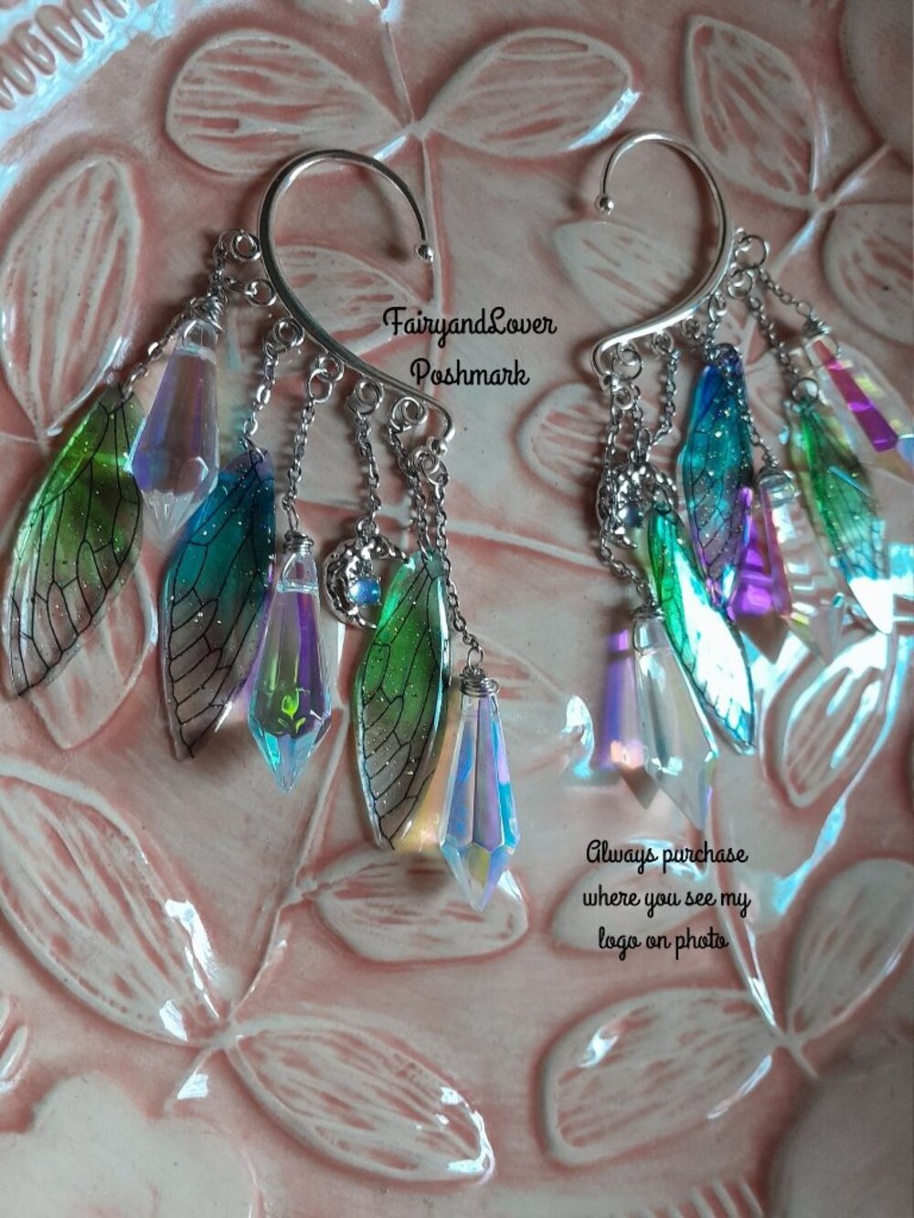 Fairy wing chandelier prism glass ear cuff earrings, fairy costume accessory